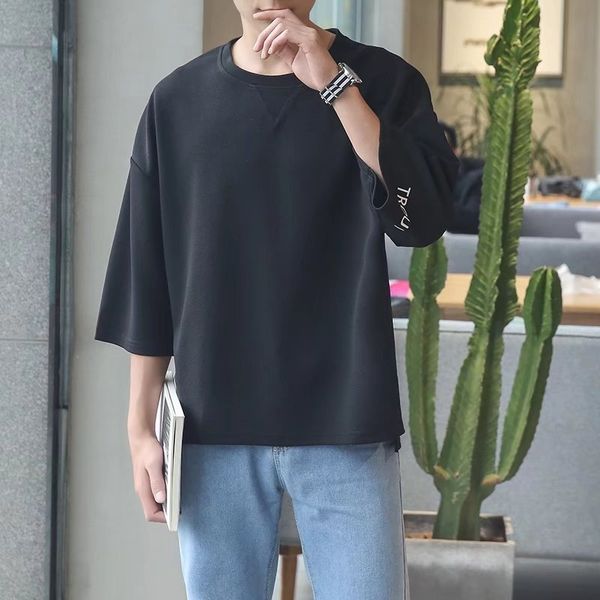 

summer new style three-quarter sleeve t-shirt japanese-style trend cool teenager loose cuff embroidered letters crew neck men's, White;black