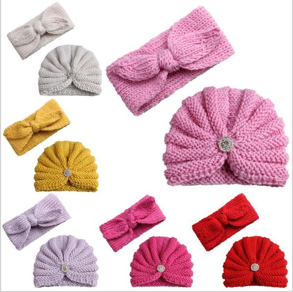 Baby Gestrickte Hüte Stirnband Sets Mädchen Wolle Schädel Kappen Beanie Haarbänder Winter Kinder Häkeln Kappe Outdoor Hut Kopfbedeckungen Zubehör Geschenk B6824