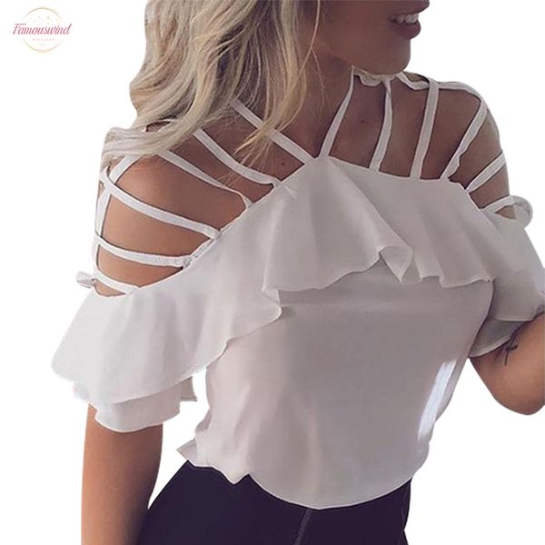 

womens chiffon blouses summer short sleeve hollow out shoulder off new female solid casual streetwear, White