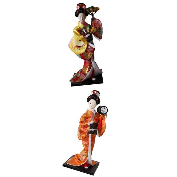 

2pcs 12inch vintage japanese kimono geisha doll figure statues yellow/orange
