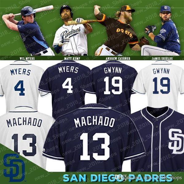 

13 Manny Machado San Diego jersey Padres 19 Tony Gwynn 4 Wil Meyers 50th patch cool base Blue White