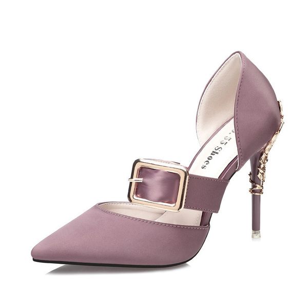 

women pumps fashion lady silk metal buckle thin high heels pointed toe wedding single shoes female party dress stilettos, Black