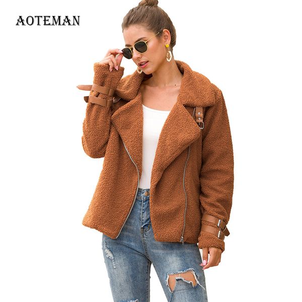 

autumn winter coat women 2019 casual slim solid short teddy coat female vintage zipper turn-down collar plus size faux fur coats, Black