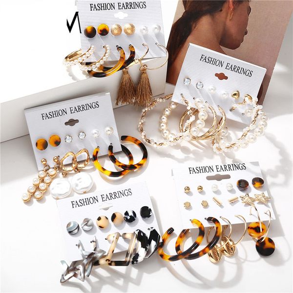 Mode Acryl Perle Reifen Ohrringe Set für Frauen Böhmischen Leopard Quaste Lange Ohrstecker Rincos Geometrische DIY Schmuck