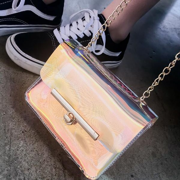 

designer transparent hologram laser bag women hand clutches pvc see through clear small chain bags shoulder messenger bag mini cow/6