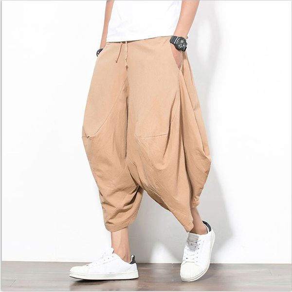 

retro cotton mahal pants calf length pants cotton and linen loose casual wide leg korean streetwear, Black