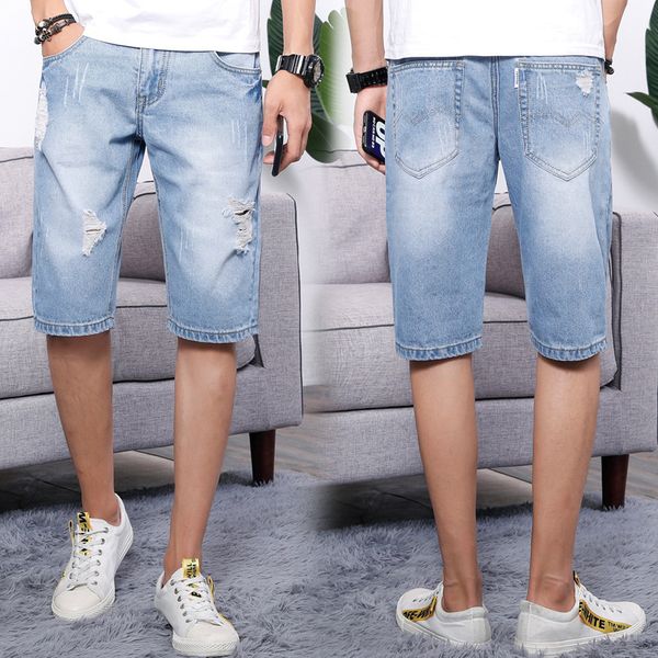 

mens designer cotton shorts straight breeches fashion brand five-point denim medium pants, Blue