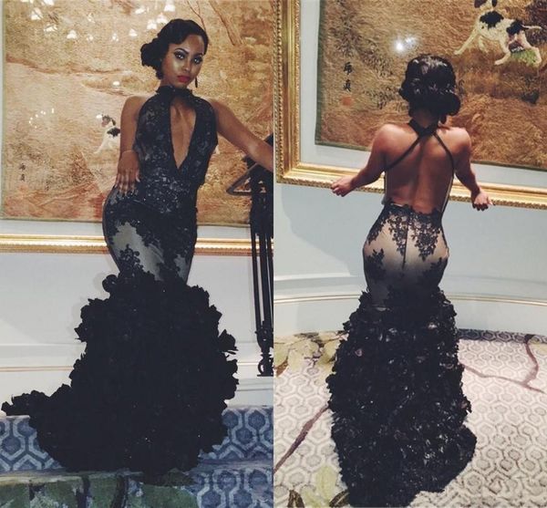 

Sexy Arabic Black Girls Mermaid Prom Dresses Halter Keyhole Lace Flowers Sweep Train Long Plus Size Formal Evening Gowns Party Dresses