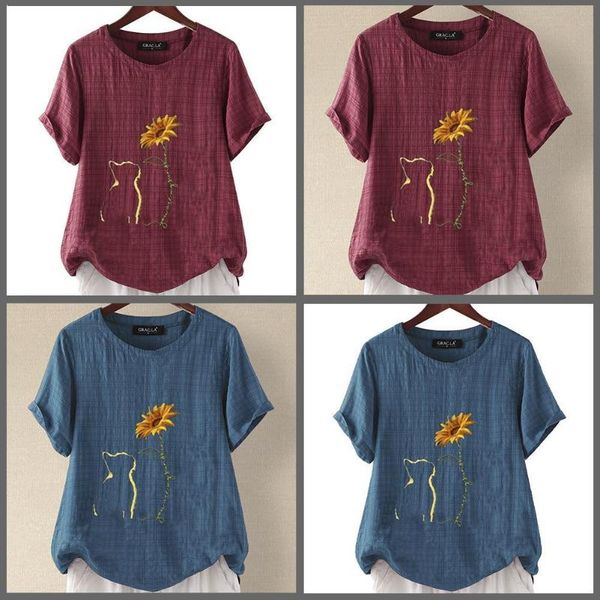

лето новых женщины футболка cat sunflower печатных футболки poleras plus топ с коротким рукавом s-xxxl женского mujer размер свободных туник, White