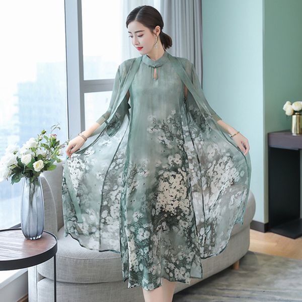 

green silk 2 piece set a line dress suits plus size women summer new vintage party midi dress with caridgan clothing re2182, Black;gray