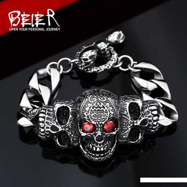 

316l stainless steel cool men steel red eye stone biker man skull charms bracelet chain jewelry accessory bc8-021, Golden;silver