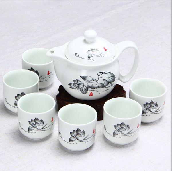 

1 pot 6 cups ceramic dumb bright teapot flat cup tea set decal craft gift opening promotion company box custom ceramic kung fu tea set