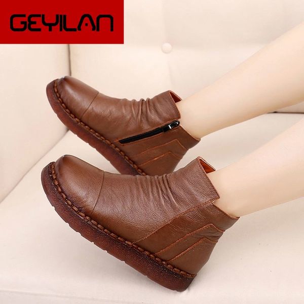 

2020 fashion winter women shoes woman genuine leather flat ankle boots women waterproof wedge warm boots, Black