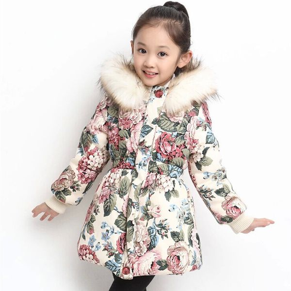 

2018 new toddler girl winter parka coat cotton-padded children thick jackets kids warm floral hooded outwear for teenage girl, Blue;gray