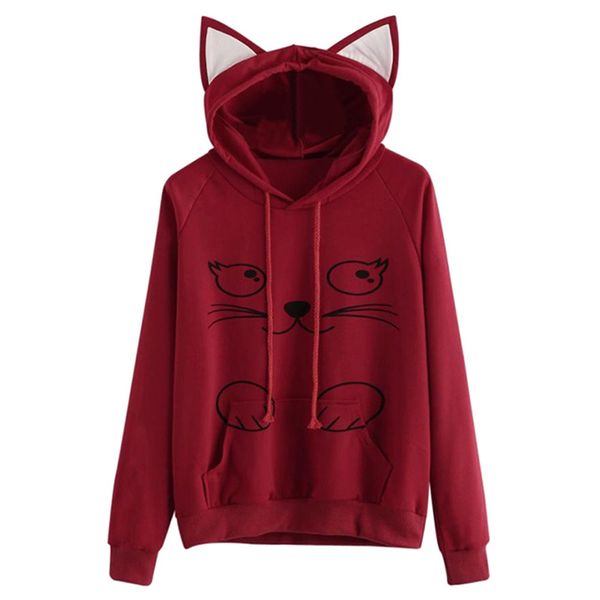 

autumn winter women hoodies long sleeve sweatshirt cat printing pocket lady casual hooded pullovers ks-shipping, Black