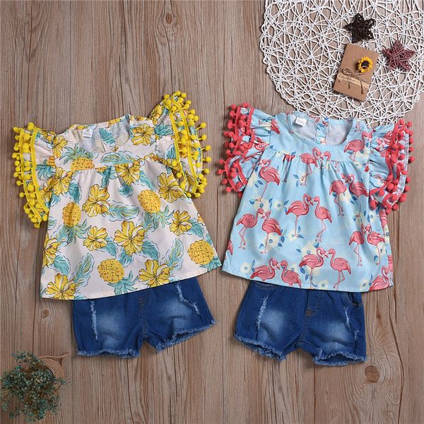 

2 colors girl kids clothes set trumpet sleeve printed short dress +denim shorts two piece set kids designer clothes girls dhl jy592, White
