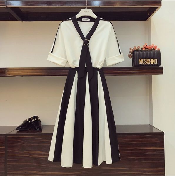 

2019 new fashion summer women's two-piece skirt suits elegant v-neck ribbon chiffon shirt + high waist stripe long skirt twinset, White
