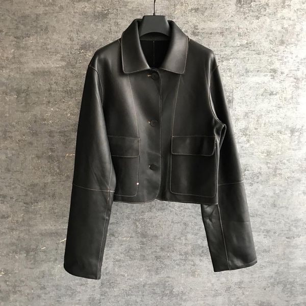 

2019 new ladies fashion long sleeve lapel retro leather jacket 0905, Black