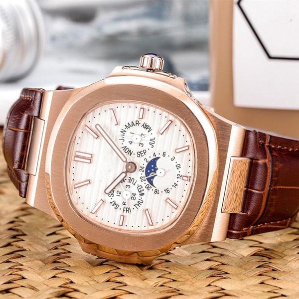 

mens sports watch multi-function design automatic movement automatic moon phase 316 stainless steel case casual leather strap with box x246, Slivery;brown