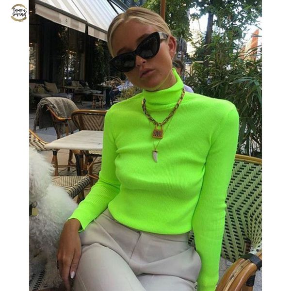 

spring knitted sweater womens turtuleneck long sleeve clothing casual knit femme pullovers streetwear neon green sweaters, White;black