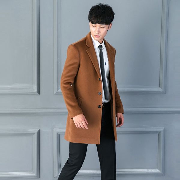 

new brand korean fashion mens woolen coat medium length single breasted brown wool trench coats male fashion causal 5xl, Black