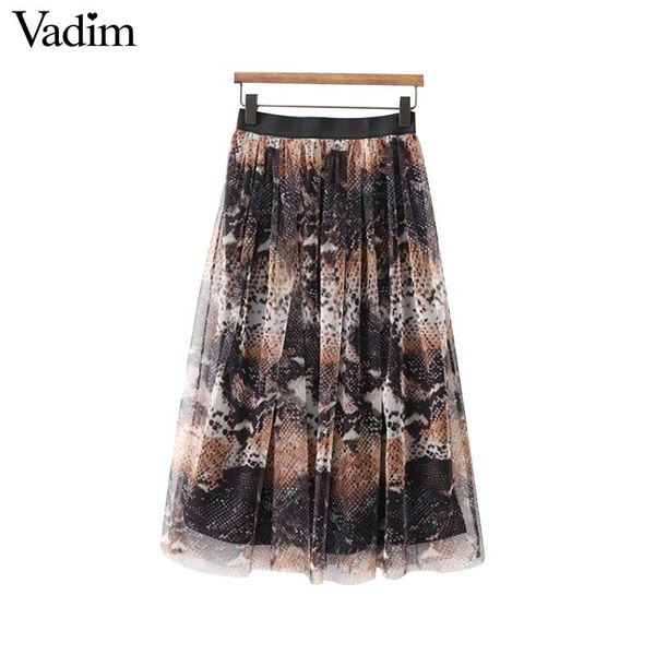 

vadim women snake print mesh midi skirt animal pattern elastic waist faldas mujer vintage female casual pleated skirts ba305, Black