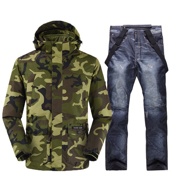

men's snowboard set bionic camouflage jacket and breathable waterproof straped denim ski pants in a variety of colors to from