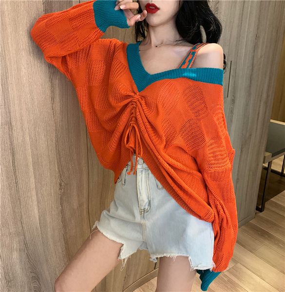 

new autumn winter knitted sweaters korean fashion women's clothing full sleeve v-neck off shoulder drawstring tie rope crop, White;black