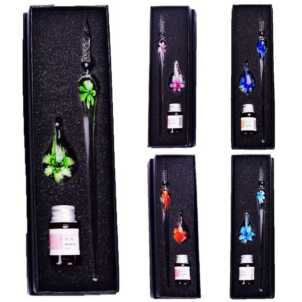 

creative handmade glass pens flower pattern transparent fountain pen gift set color ink color test water sign chalk flash comics