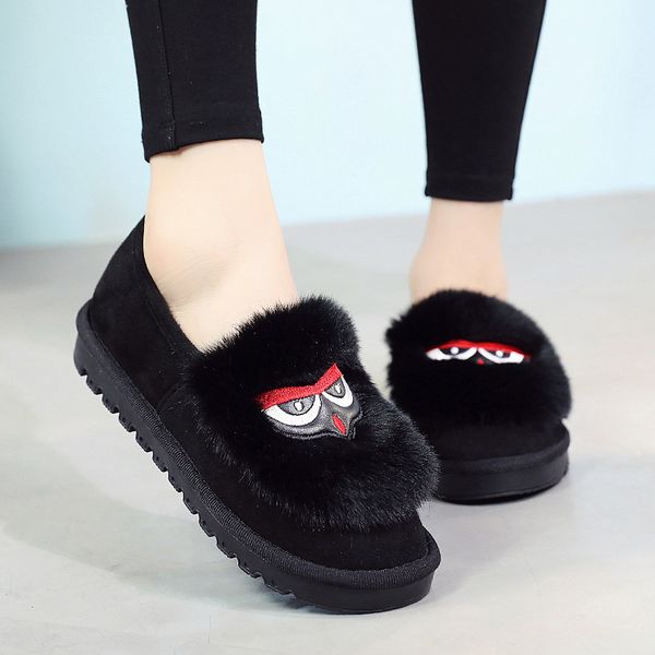 

anti-skid thicken bottom fur shoes winter women slip on flat moccasins embroider owl hair casual loafers student espadrilles, Black