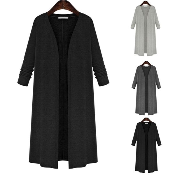 

plus size fashion women casual loose long sleeve cardigan coat windbreaker dasily long solid slim fit coat female autumn, Black