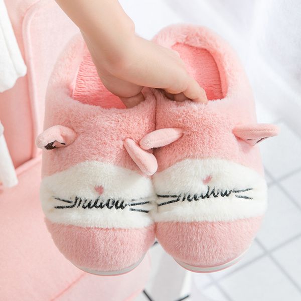 

women winter home slippers cartoon ear slipper mix-colored cotton indoorsÂ indoor soft flat with slip-on shoes zapatos mujer, Black