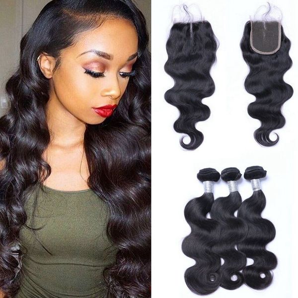 

3 связки объемная волна с closure перуанских расширения человеческих волос с 4x4 lace closure естественный черный цвет ping, Black;brown