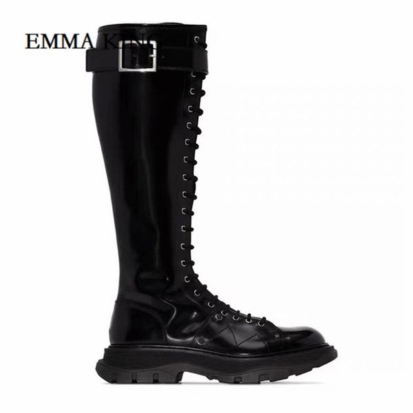 

women lace up leather knee high boots round toe thick bottom knight boots runway flat heel for woman botas mujer, Black