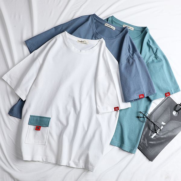 

fashion male t-shirt pocket printing men's t-shirts split hem o-neck summer man's short-sleeved t-shirt, White;black
