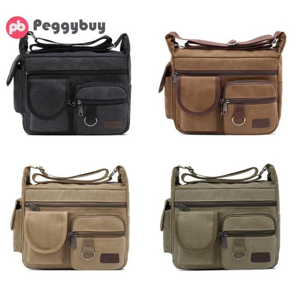 

men solid color messenger bag male canvas large capacity shoulder crossbody multi-pocket zipper handbag