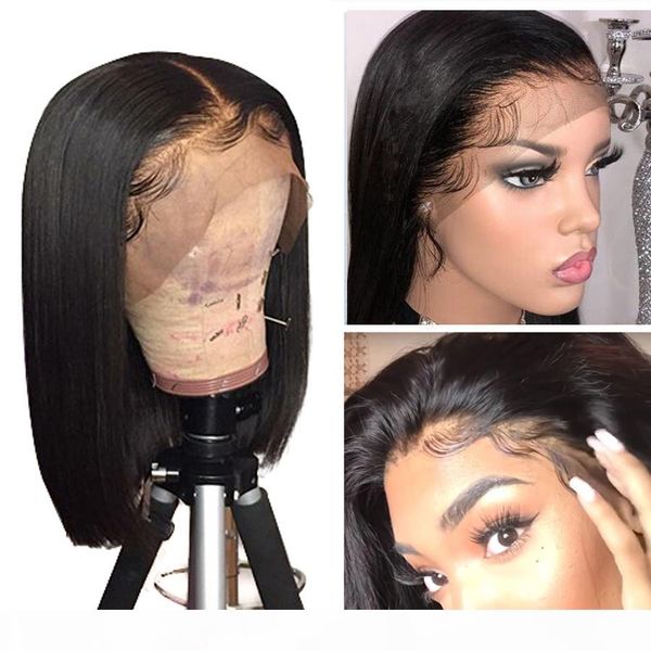 

short blunt cut bob wig straight lace front human hair wigs for black women 8-14inch pre plucked with baby hair indian remy wig, Black;brown