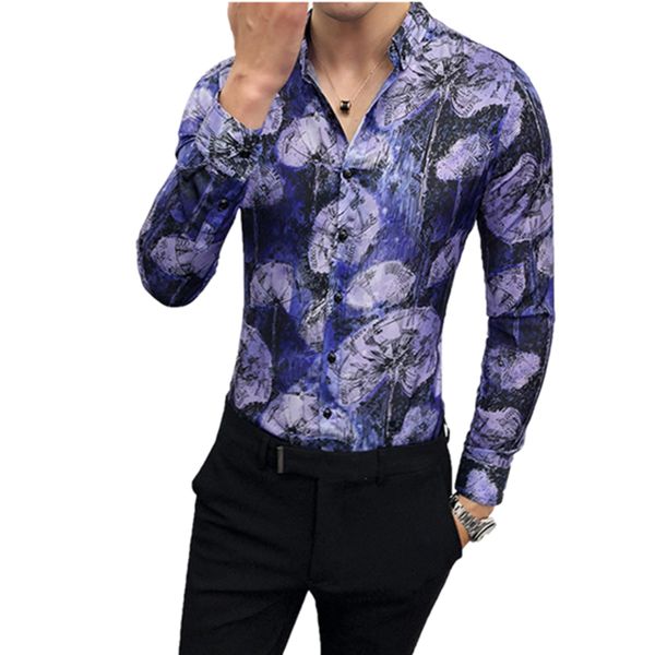 

2019 men new fashion korean version long sleeve shirt hairdresser's fashionable flower shirt quality man stand collar casual top, White;black
