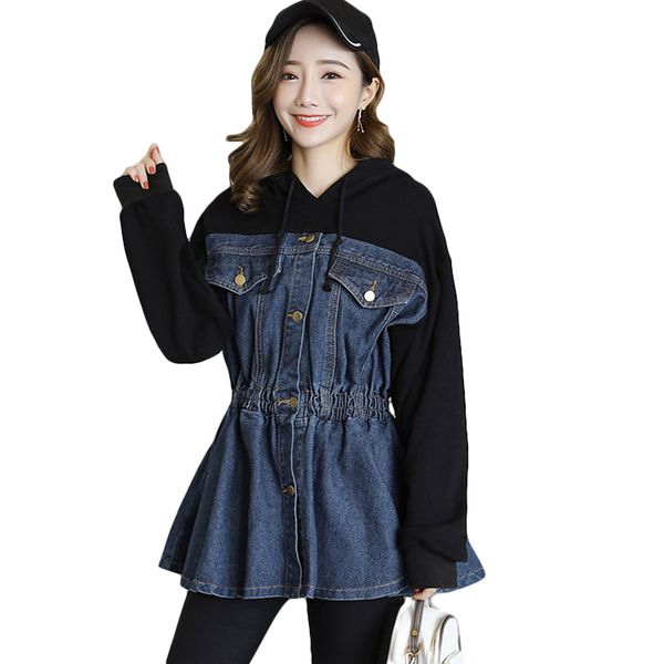 

spring patchwork denim jacket for women hooded long sleeve high waist slim women's jackets fashion casual women clothing d688, Black;brown