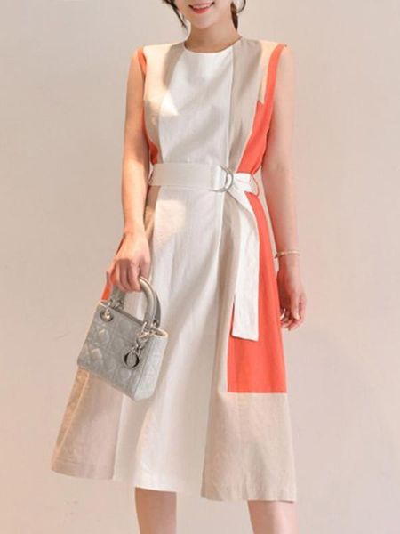 

women dress sleeveless beltd high waist korean girl's sweet office ladies casual multi color patchwork linen blend dress summer, Black;gray