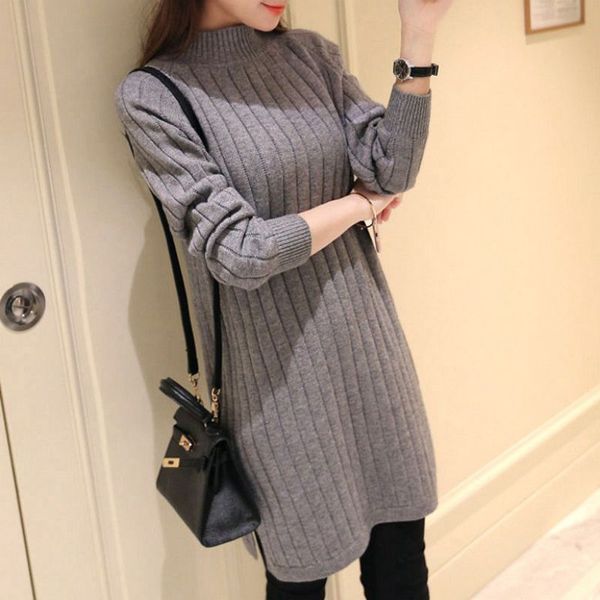 

autumn winter women temperament mid-long sweater ladies pullover sweater solid color base cotton knit split long, White;black