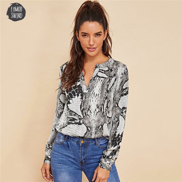 

grey blouses casual v cut neck snake skin office ladies long sleeve workwear autumn women and, White
