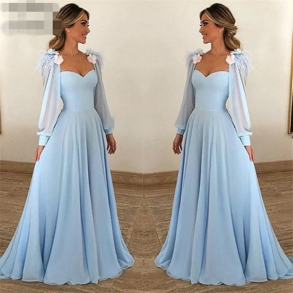 Abiti da sera blu baby fiore fatti a mano Sweetheart maniche lunghe A-Line Chiffon lunghezza del pavimento increspato Prom Gown Plus Size Robe De Soiree