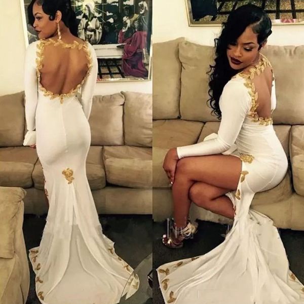 

party dresses ivory mermaid evening long sleeves backless slit skirt elastic satin gowns prom dress vestidos de festa, White;black