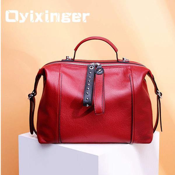 

2020 new red luxury soft leather handbags women handbag british boston shoulder bag cowhide lady rivets genuine leather tote bag