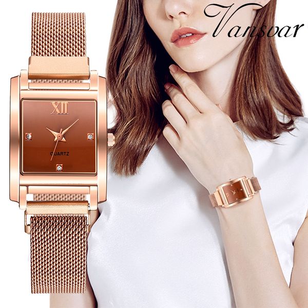 

vansvar women watches magnetic buckle stainless steel belt ladies quartz watch casual simple square wristwatch /d, Slivery;brown