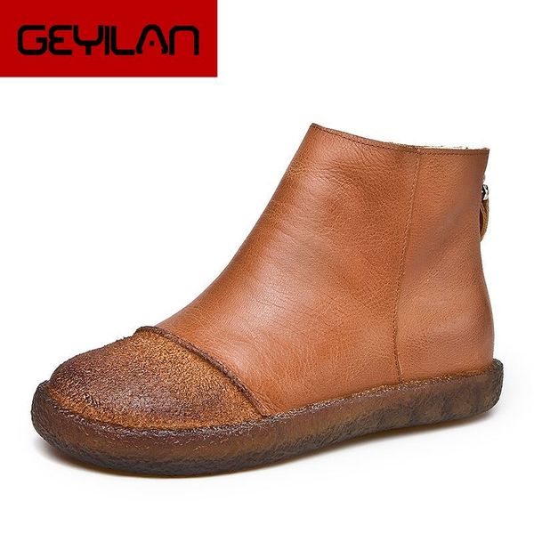 

winter boots women genuine leather ankle boots plush inside handmade soft flat shoes retro women's shoes, Black