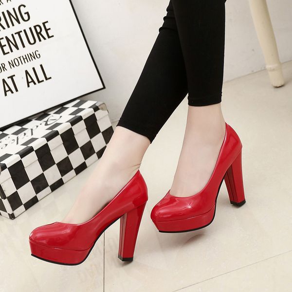 

spring new high heel thick with waterproof round head shallow mouth sets foot shoes large size women's shoes, Black