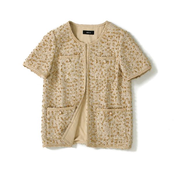 

2019 summer fall women short sleeve o-neck tweed coats buttons pockets lurex weave jackets y371, Black;brown