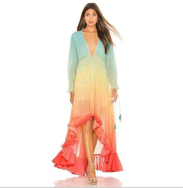

women designer gradient color dresses fashion bohemian style long dresses casual long sleeve v neck beach dresses womens clothing, Black;gray